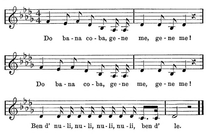 Three lines of musical notation with syllabic lyrics, beginning ‘Do ba-na co-ba, ge-ne me, ge-ne me!’; the melody introduced by Du Bois as sung by his grandfather’s grandmother.